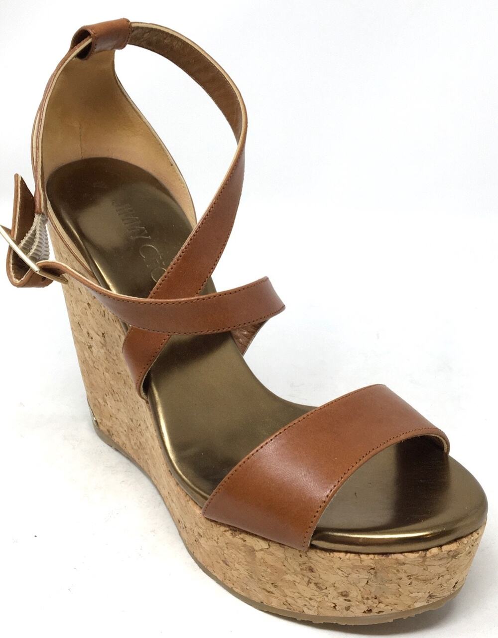 Jimmy Choo Women's Size 7.5/37.5 Brown Leather Platform Cork Wedge Heels Sandals